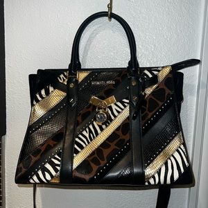 Michael Kors Nouveau Hamilton Large Satchel Black Multi/Gold Animal Print